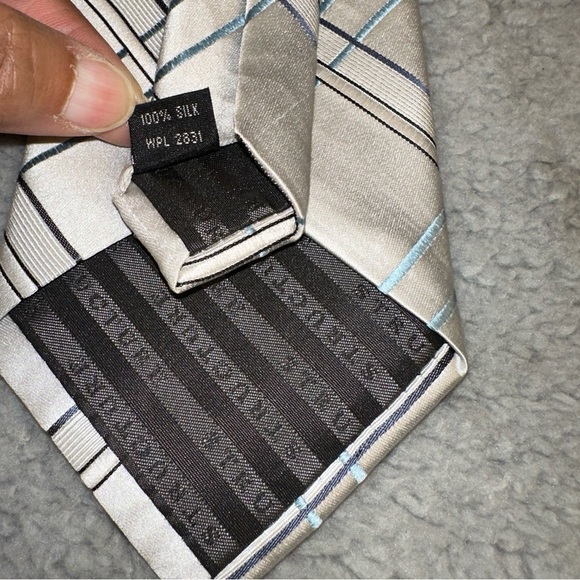 Structure Men's Tie Silver Gray 100% Silk Windowpane Plaid 58" - Picture 4 of 9